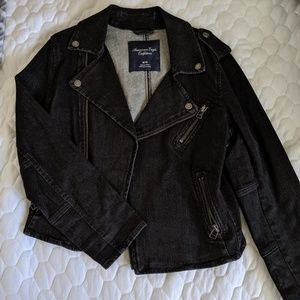 Mid-riff Cropped Denim Moto Jacket